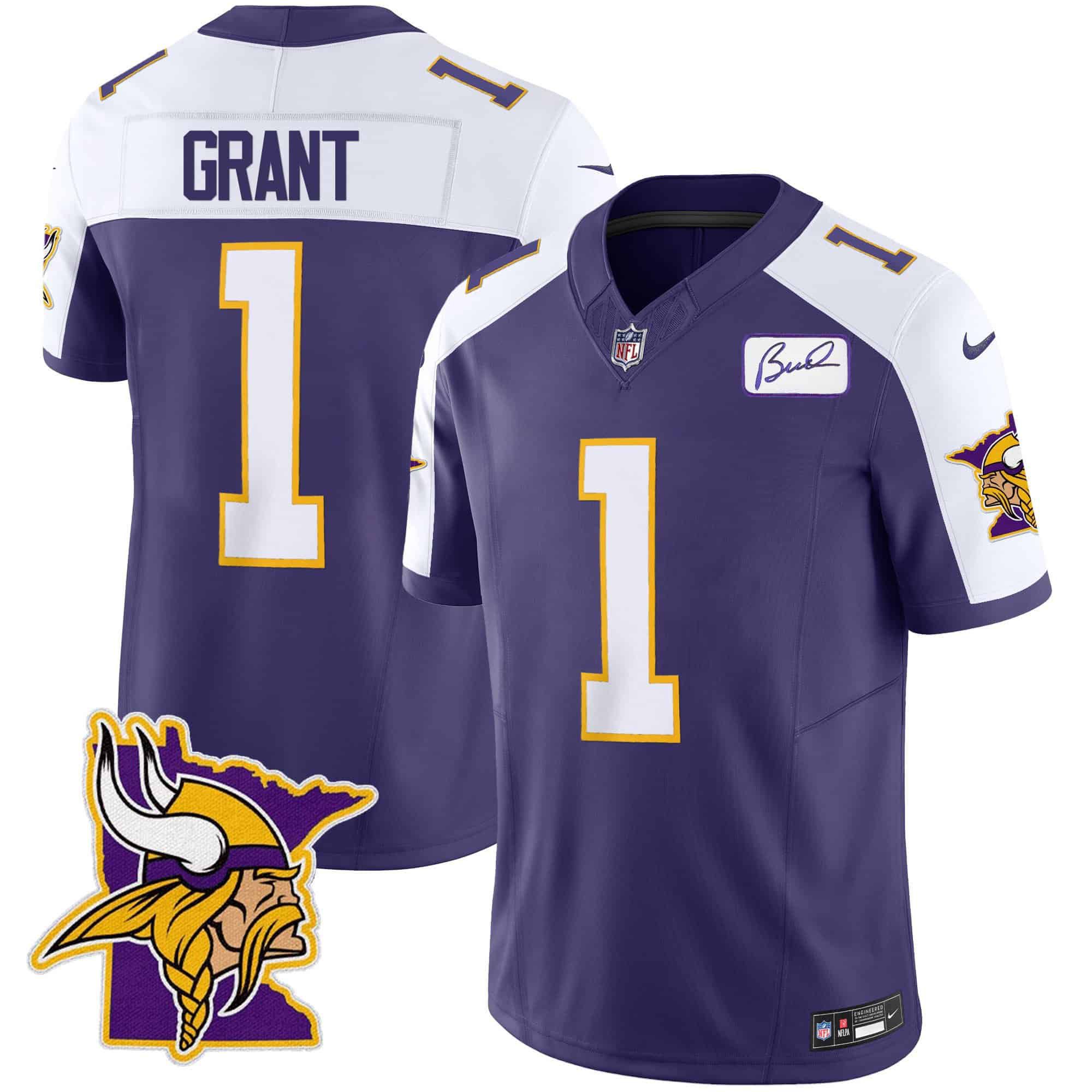 Men Minnesota Vikings 1 Grant Purple 2024 Nike Patch Classic Limited NFL Jersey